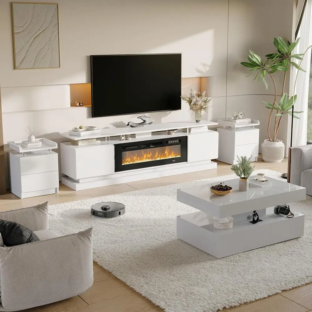 

4-Piece ern Living Room Table Set, Includes High Gloss 70" ireplace TV Stand, 39" LED Coee Table and 15" End Tables Set o 2 with