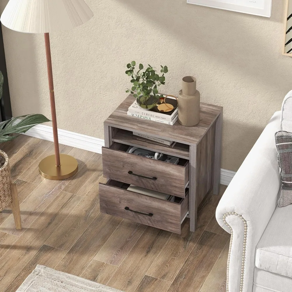 

Farmhouse Nightstand, Rustic Wood Bedside Table with 2 Storage Drawers & Open Shelf, Sofa Side Table, Versatile Night