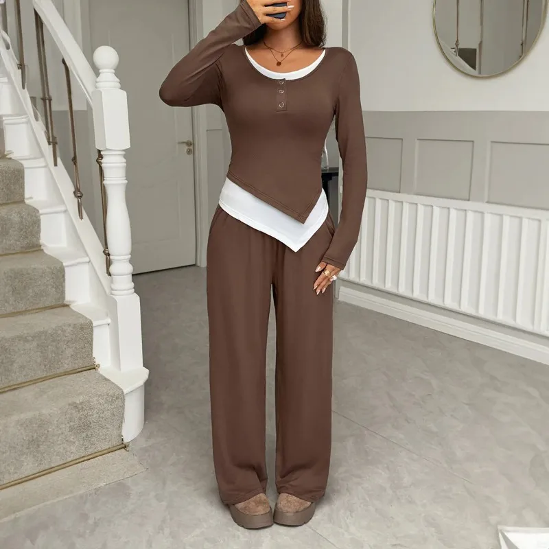 2026 autumn and winter wide leg pants set, women's long sleeved multi occasion sportswear, commuting hot selling item