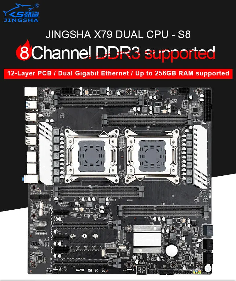 JINGSHA X79 Dual S8 Motherboard Dual CPU Intel Xeon LGA2011 E5 V2/1 Processor 8-Channe DDR3 Support REG ECC RAM Up to 256GB