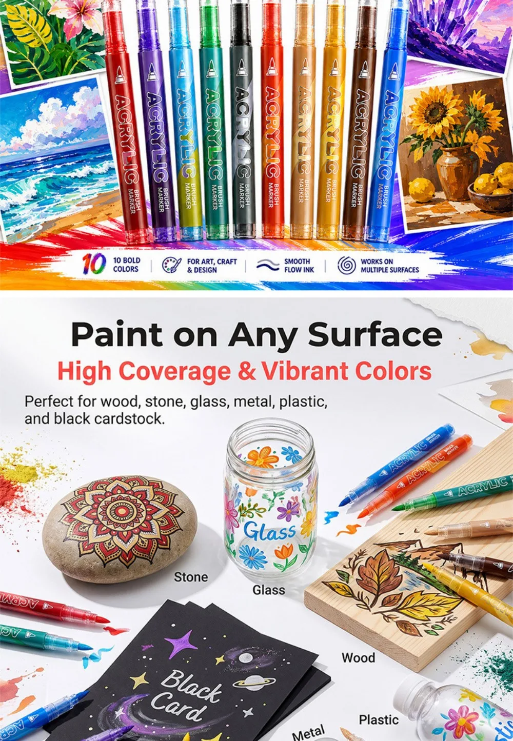 Set mit 12 oder 24 Acryl-Marker-Stiften (Pinselspitze) – geeignet für Stein, Glas, Holz, Keramik, Leinwand, Luftballons, Papier und DIY-Bastelprojekte – Detail 2
