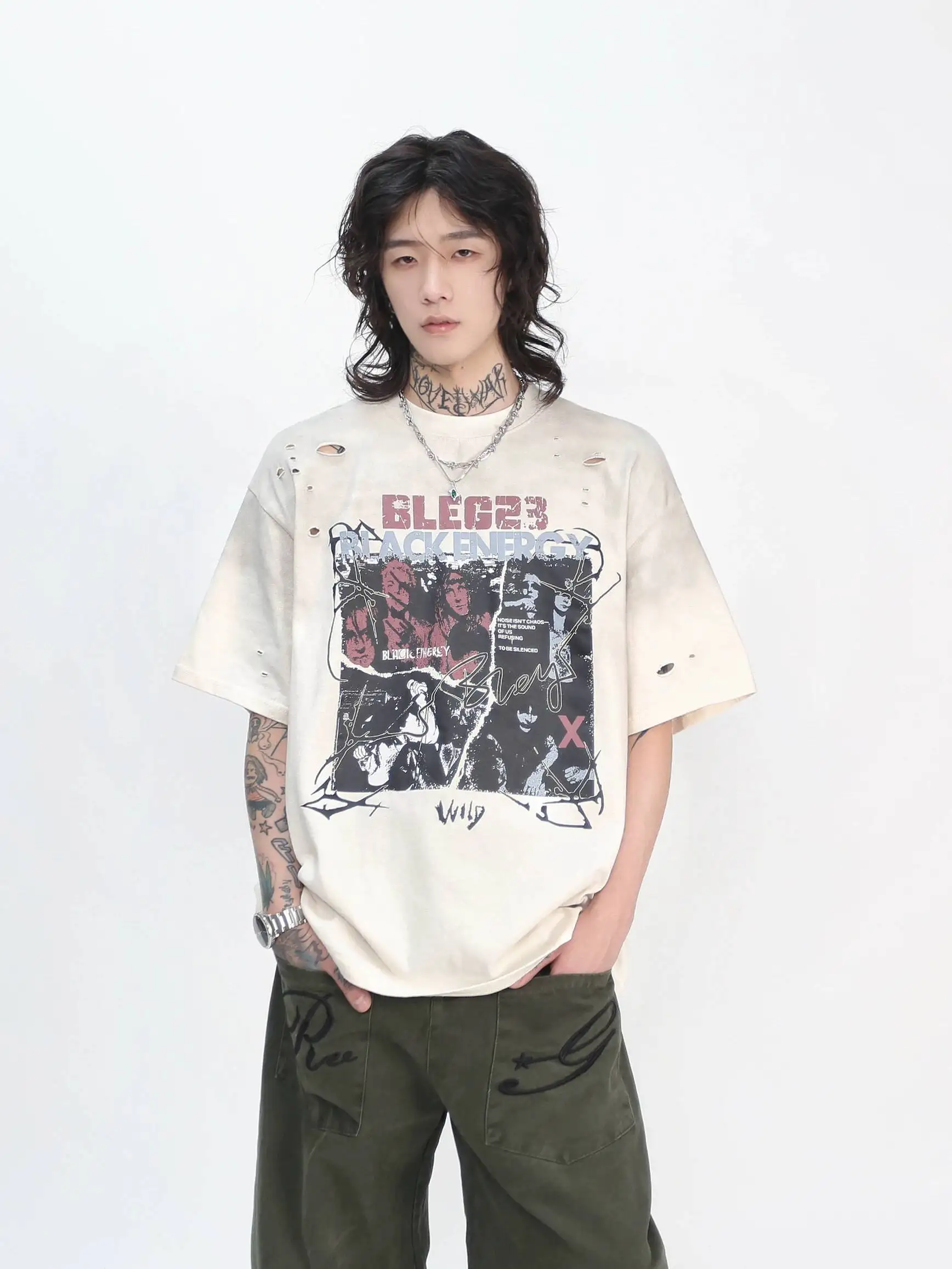New Men Vintage American Rock Band Print Distressed Short Sleeve T Shirts Washed Spray Paint Design