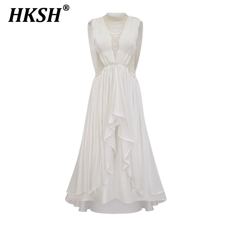 HKSH 2025 New Spring Summer Women Tide Elegant Sleeveless Nail Beads High Waist Irregular Long Skirt Banquet Party Dress HK3704