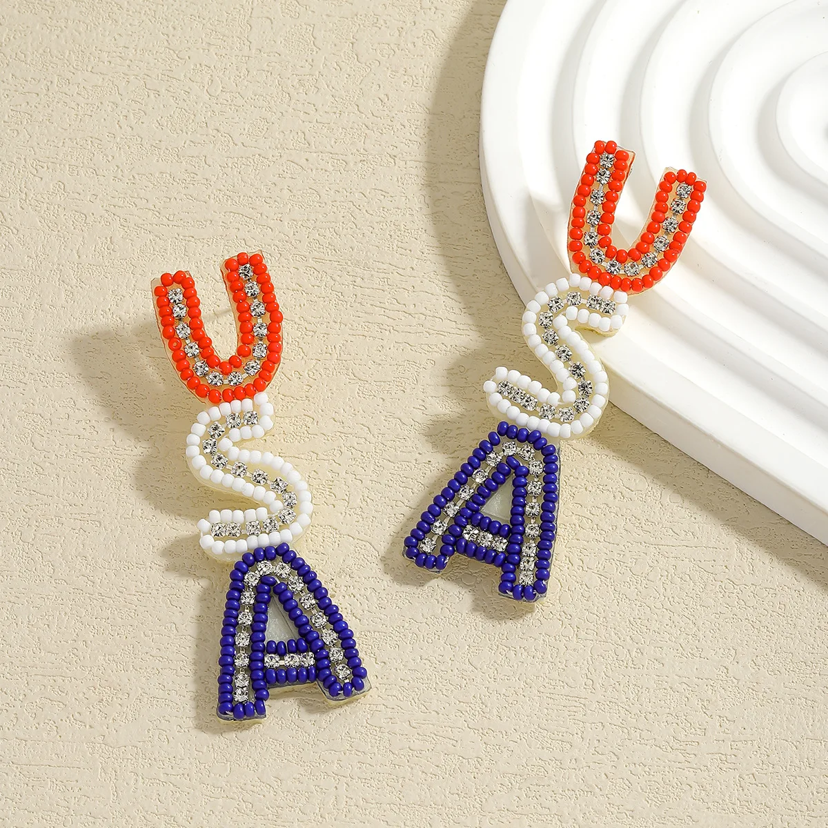 Cross-border rice beads with diamonds and letters usa independence day carnival earrings retro high-end luxury personalized earr
