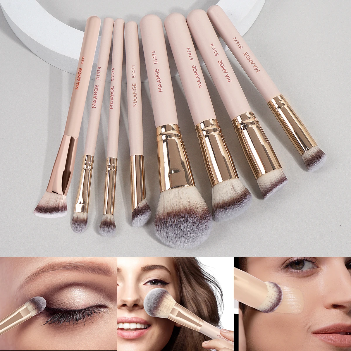 마앙게 8종 메이크업 브러쉬 세트 (파우더, 블러셔, 파운데이션, 컨투어 브러쉬 포함) 휴대용 여행용 세트 (모든 피부 타입용)