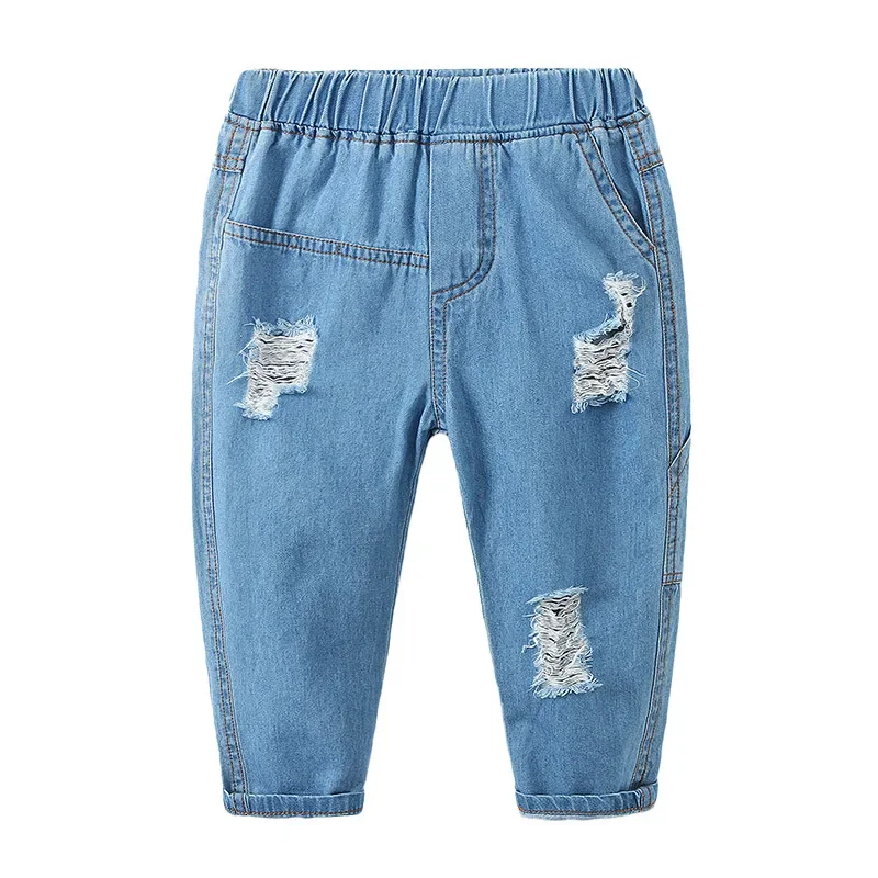 New 2025 Spring Autumn Boys Fashion Soft Solid Ripped Jeans Casual Long Trousers Kids Classic Elastic Waist Denim Pants Clothing