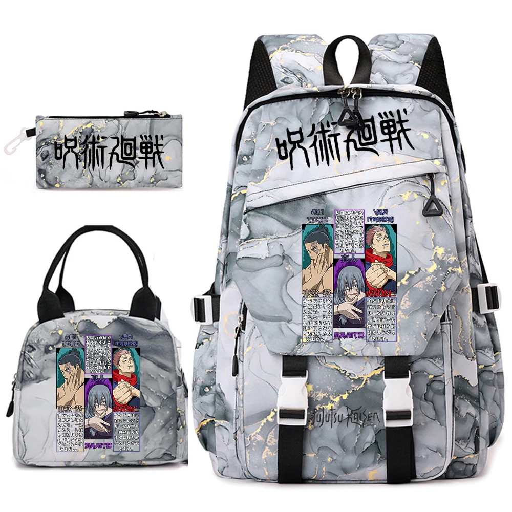 アニメ呪術廻戦バックパックセット女の子用-3-個スクールブックバッグランチバッグ鉛筆ケースカジュアル旅行リュックサック