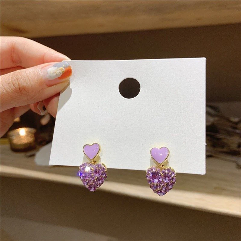 Cute Sweet Love Heart Drop Earrings for Women Purple Crystal Rhinestones Enamel Oil Dangle Earrings New Fashion Jewelry Gift