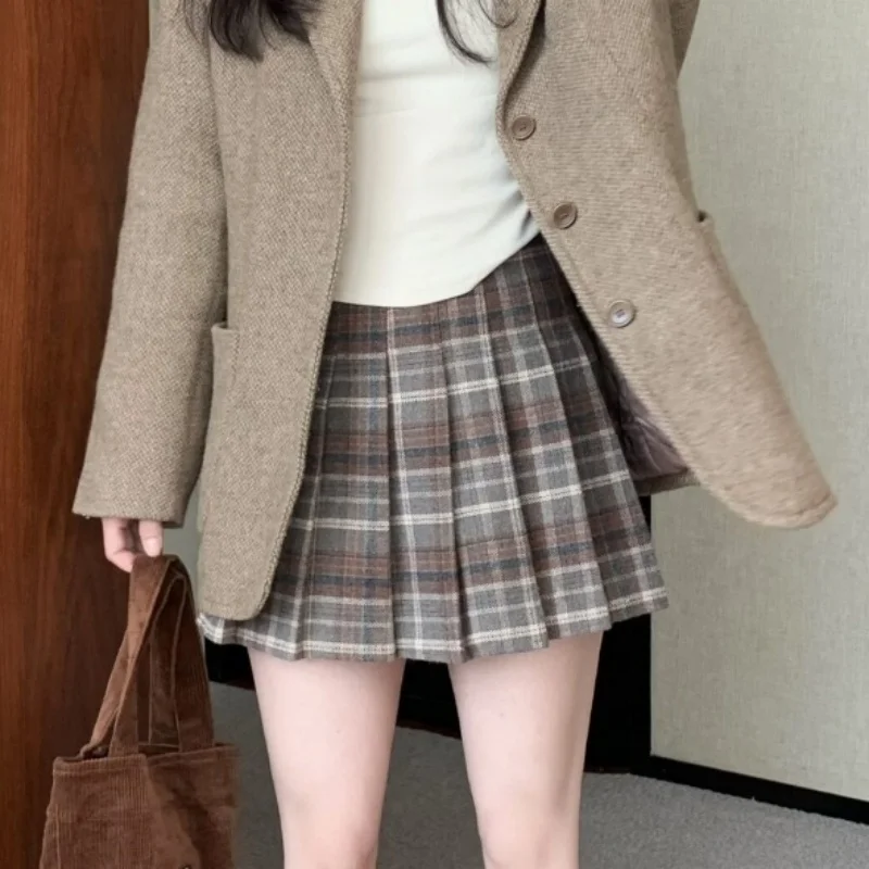 Students JK Woolen Plaid Skirt 2026 New Spring Autumn Women High Waist Pleated Skirts Ladies All Match A Line Short Mini Skirt