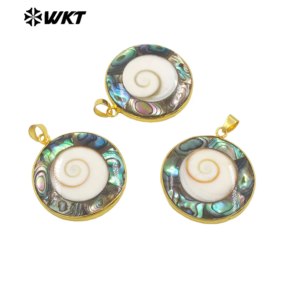 

WT-JP361 WKT New Design Big Round Natural Trumpet With Abalone Shell Lucky Pendants For Friend Gift 10PCS