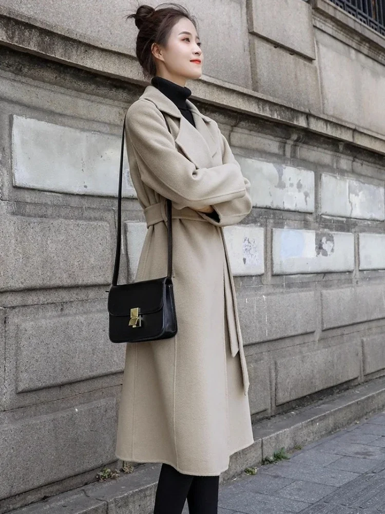 

Winter Women's Thick Wool Coat Short Height Friendly Notch Collar Dressy Trench Adjustable Belt Mid Length Outerwear