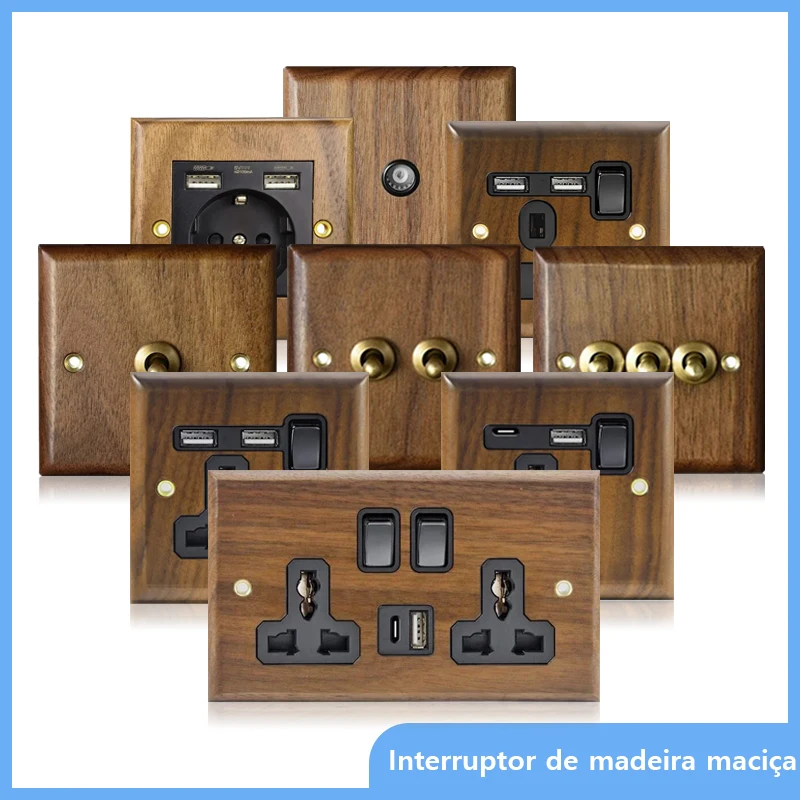 DepoGuye Tomada de interruptor de luz retrô americano de alta qualidade, placa de interruptor de alternância de latão de madeira pura, interruptor de luz de parede para casa e cama