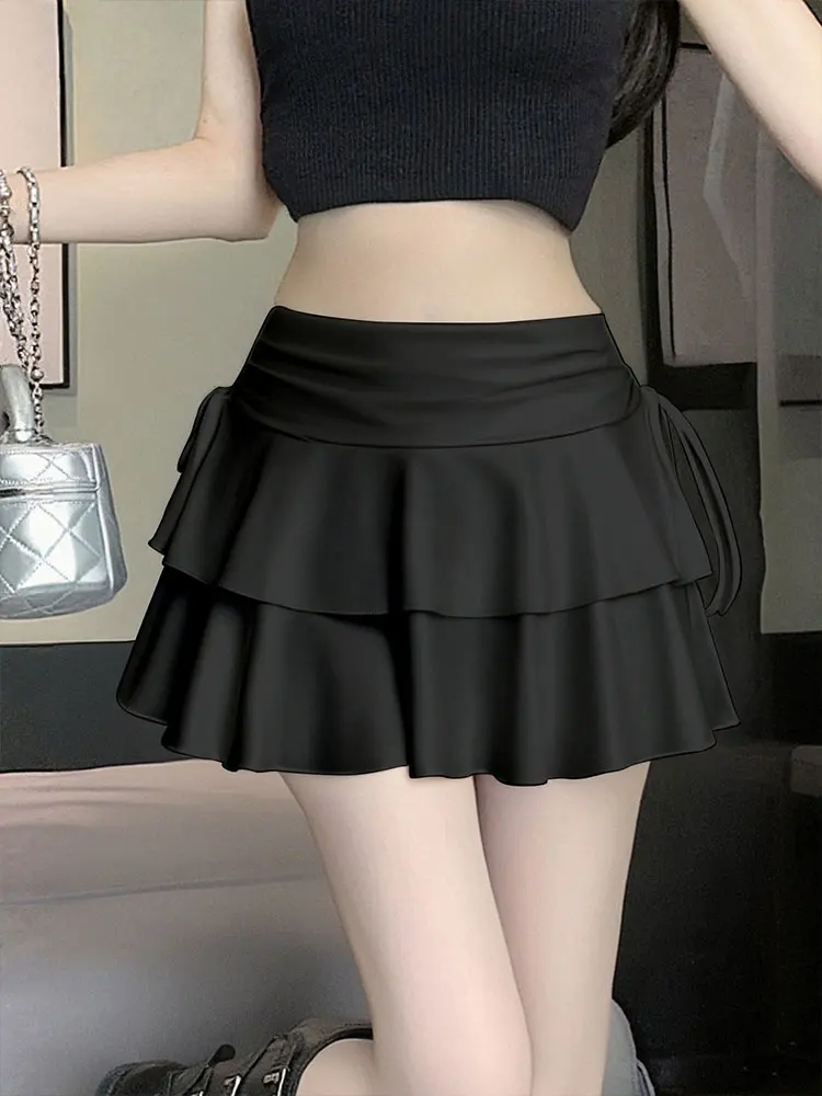 

GELITAYIN Women's Mini Pleated Skirt Summer New Streetwear Versatile Fashion Casual Slim Lace-up Skirt Solid Sexy Female Club Pa