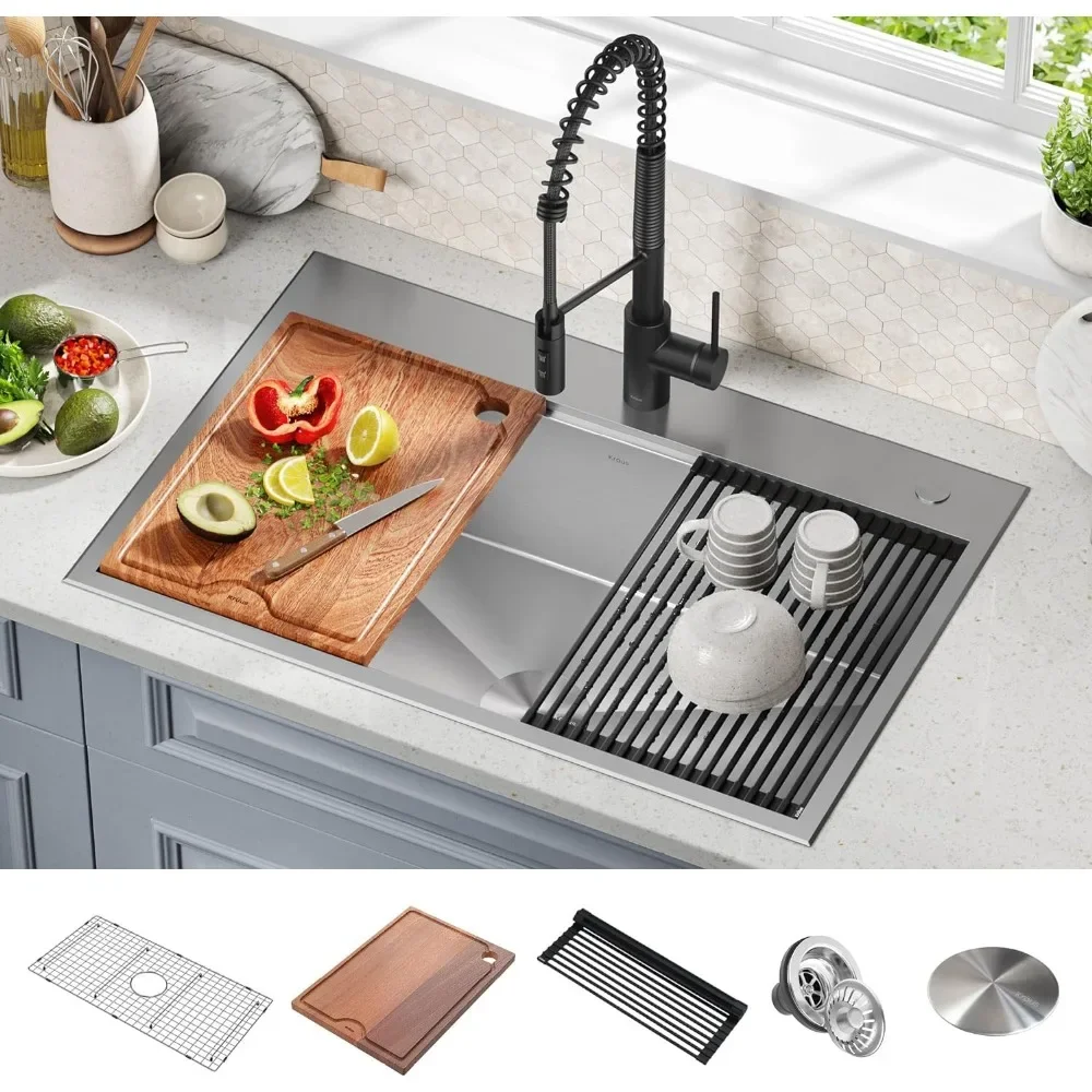 

33-in Kitchen Sink with Accessories Workstation, Drop-In 16 Gauge Stainless Steel Single Bowl Kitchen Sink