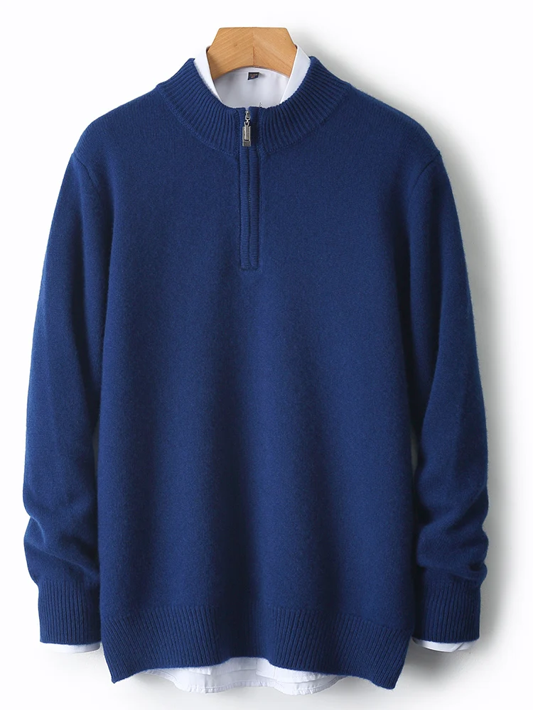 Autumn Winter Men's Mock Neck Pullover 100% Merino Wool Knitted Sweater Turn-Down Collared Zipper Casual Loose Warm Clothes