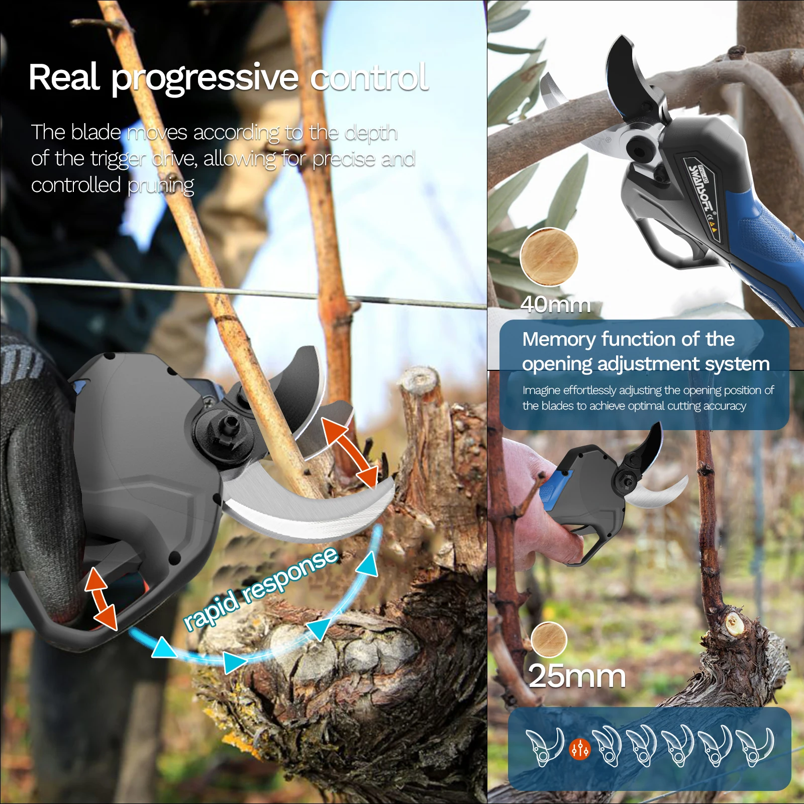 Tijeras inalámbricas alimentadas por batería de 40mm, podadora eléctrica profesional, tijeras de podar eléctricas para vigneto