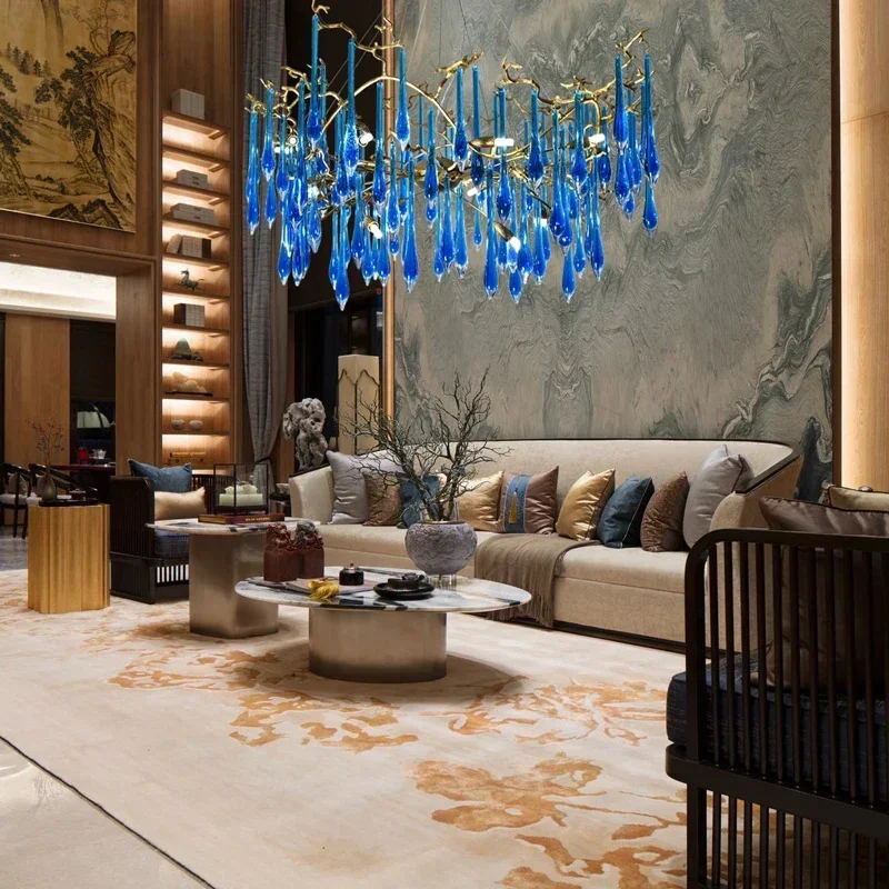 Copper Luxury Blue Crystal Chandelier Customized Villa Living Room Indoor Lighting Club LED Pendant Light