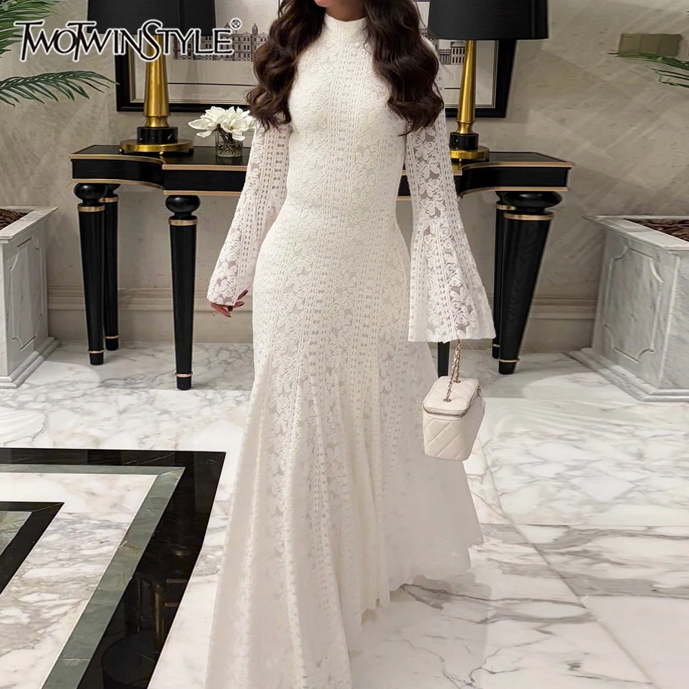 TWOTWINSTYLE Solid Slimming Elegant Dress for Women Round Neck Long Sleeves Patchwork Zipper Midi Dresses Female Fashion Style