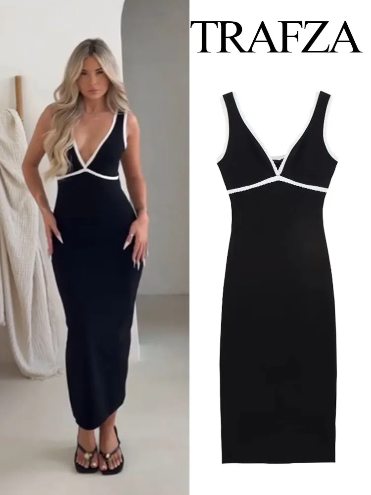 

TRAFZA Woman Contrast Decoration Knitted Dress Women Elegant V-Neck Sleeveless Backless Chic Midi Tights Summer Dress Mujer