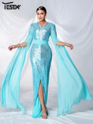 Yesexy Lightblue V Neck Extended Sleeve Sequin Evening Gown Wedding Birthday Party High Quality Luxury Formal Occasion Dress