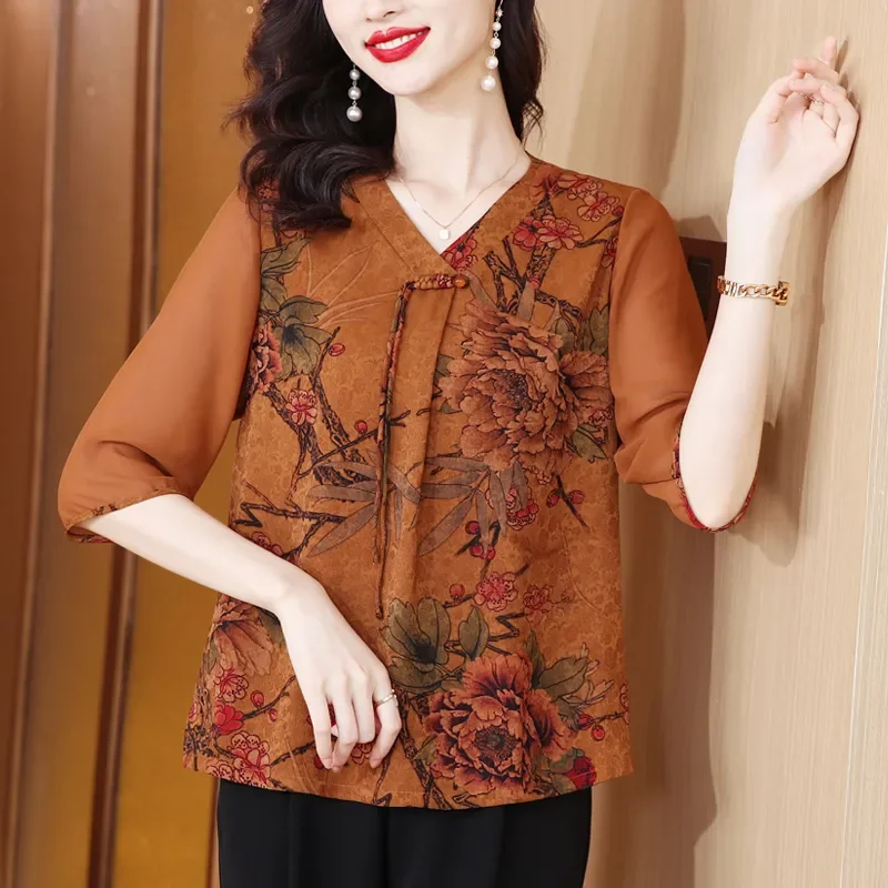 Women's Vintage Peony Print V-Neck Blouse 3/4 Sleeve Silk Blend Casual Shirt
