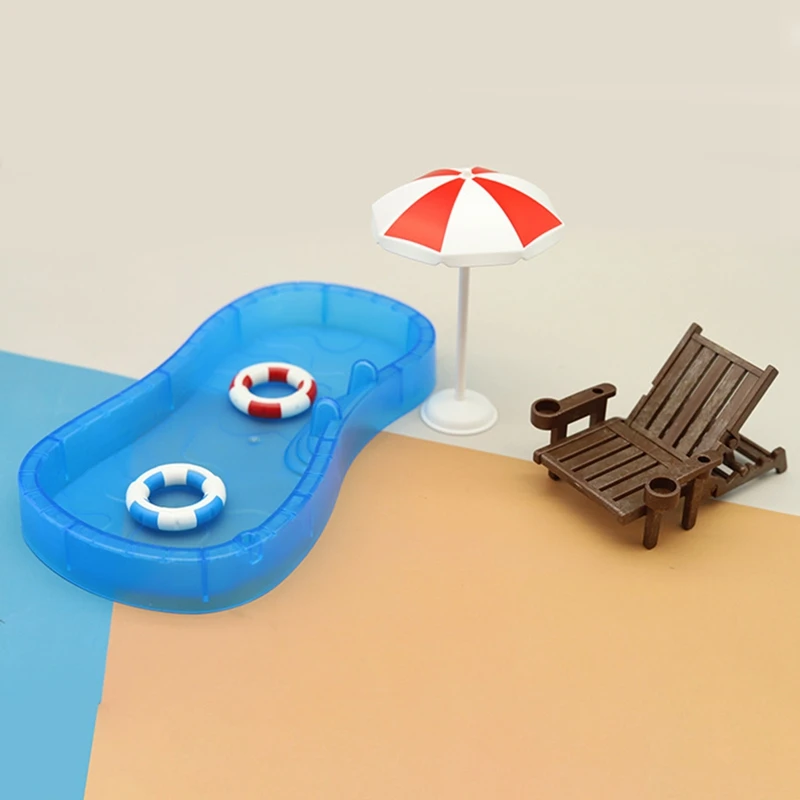 Simpatica mini decorazione per il nuoto Simulazione Piscina Anello per il nuoto Set di sedie da spiaggia Decorazione di giocattoli per la casa da gioco per bambini