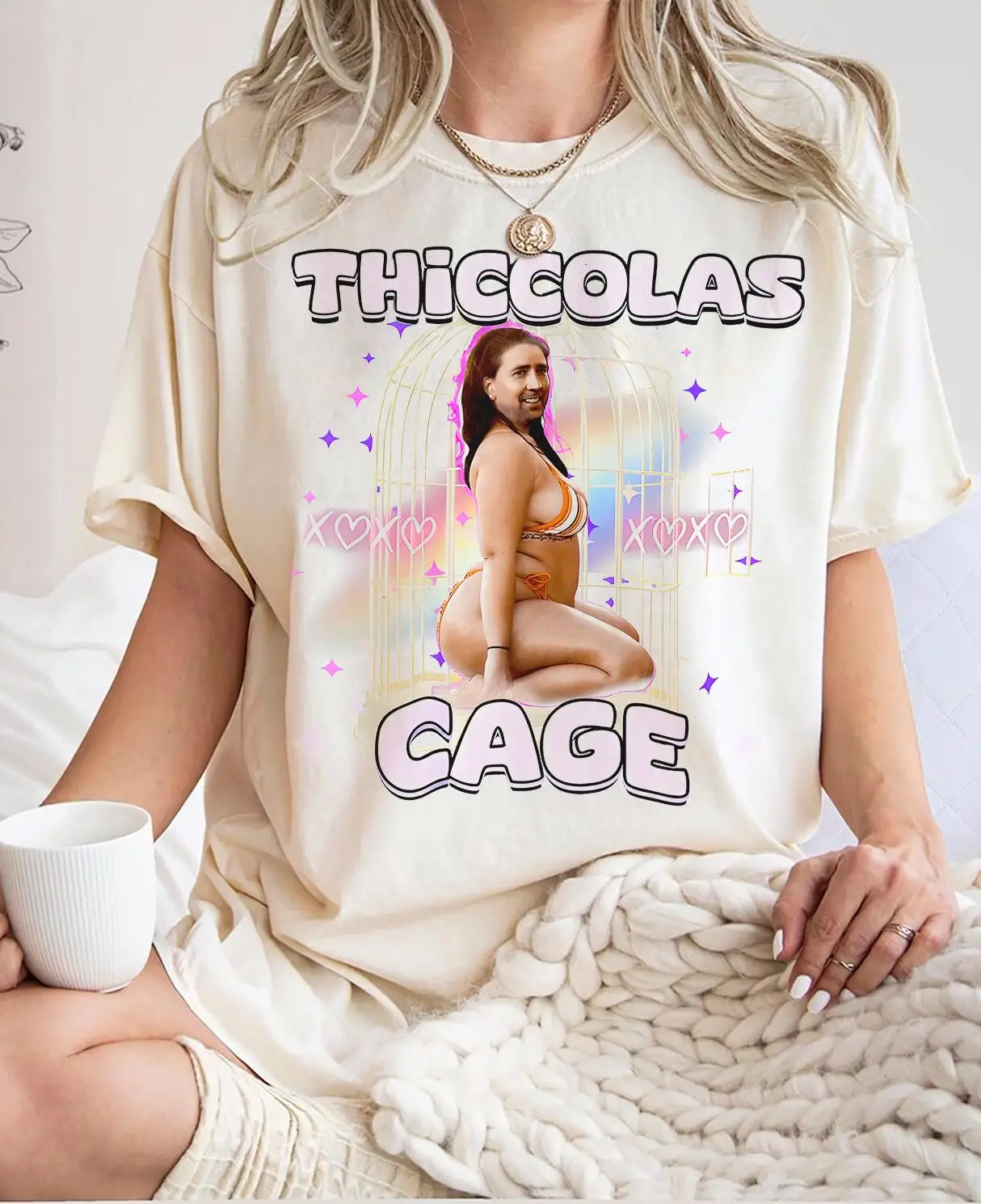 

Thiccolas Cage Funny Meme Shirt Gag Tshirt Unhinged Gift Inappropriate Summer Men's and Women's Loose and Breathable T-shirt Top