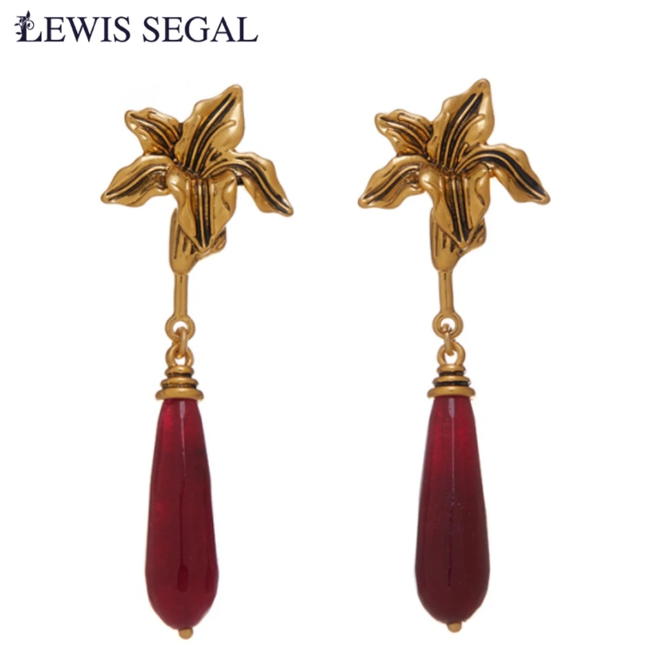 

LEWIS SEGAL Exquisite Flower Glaze Dangle Earrings Vintage Statement Fine Jewelry 18K Gold Plated Party Wedding Gift