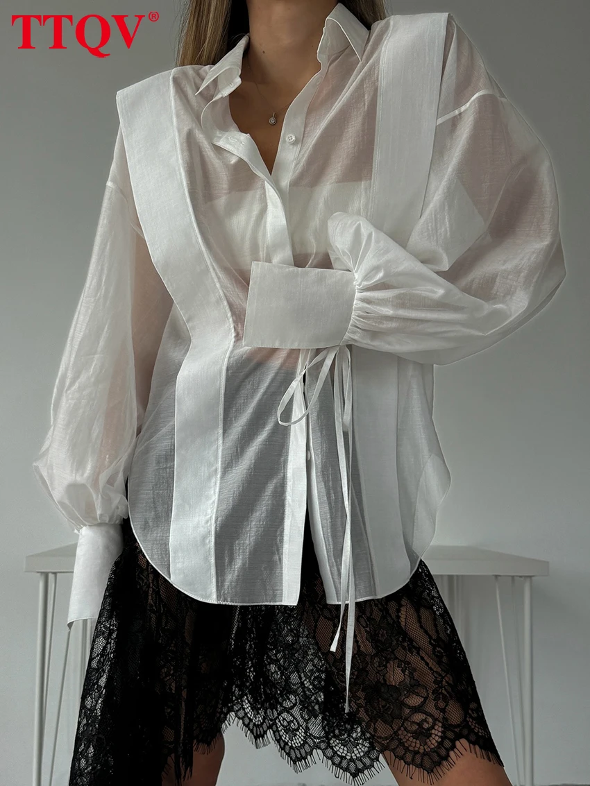 

TTQV Fashion Loose Pink Cotton Women Shirts 2024 Casual Lapel Long Sleeve Blouse Elegant Classic Lace-Up Top Female Clothing