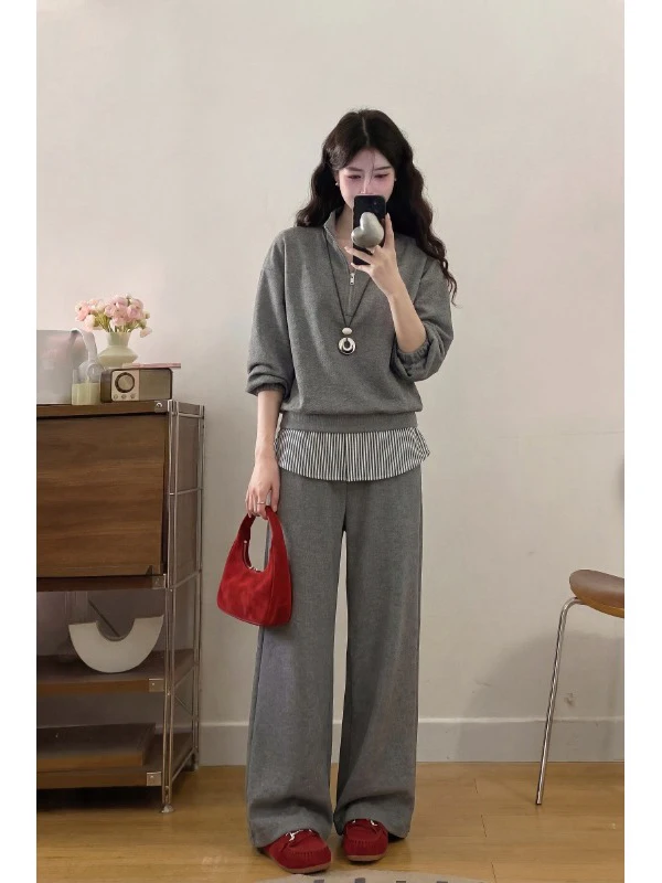 

Ladies plus Size Lazy Style Hoodie And Wide Leg Pants Set Zipper Design Comfortable Spring Summer Fashion Outfit Two Piece Set