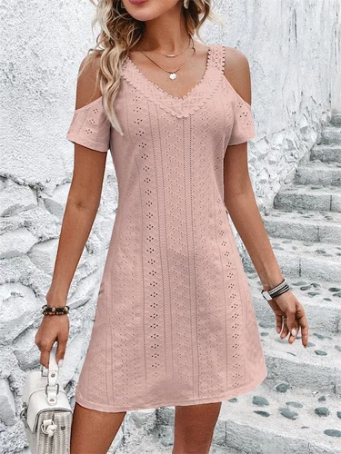 Imagen 2 del producto Vestidos transpirables de encaje de Color sólido para mujer, elegante vestido de manga corta con hombros descubiertos, vestido de viaje diario, vestido de Color sólido