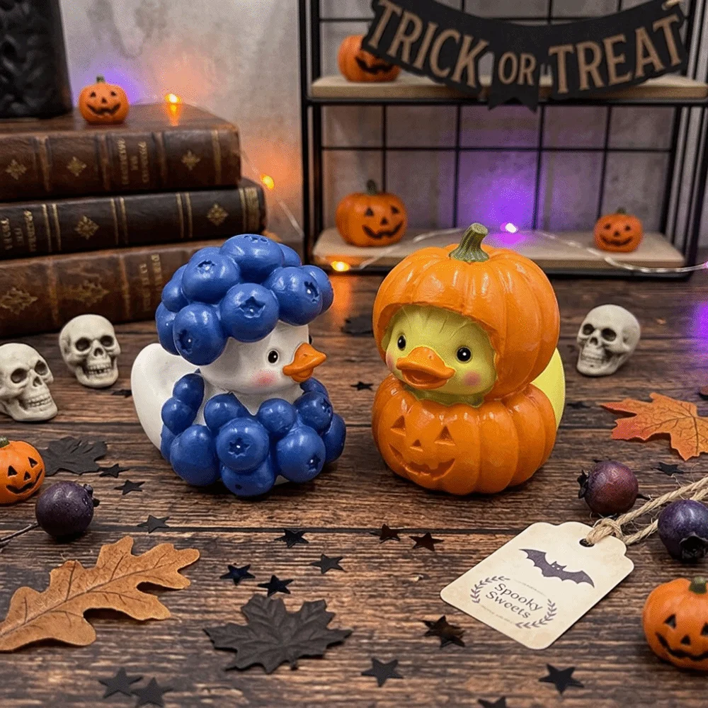 Creative Fruit Duck Figurine Cartoon Funny Blueberry Duck Sculpture Decorative Hand Painted Pumpkin Duck Sculpture Decor