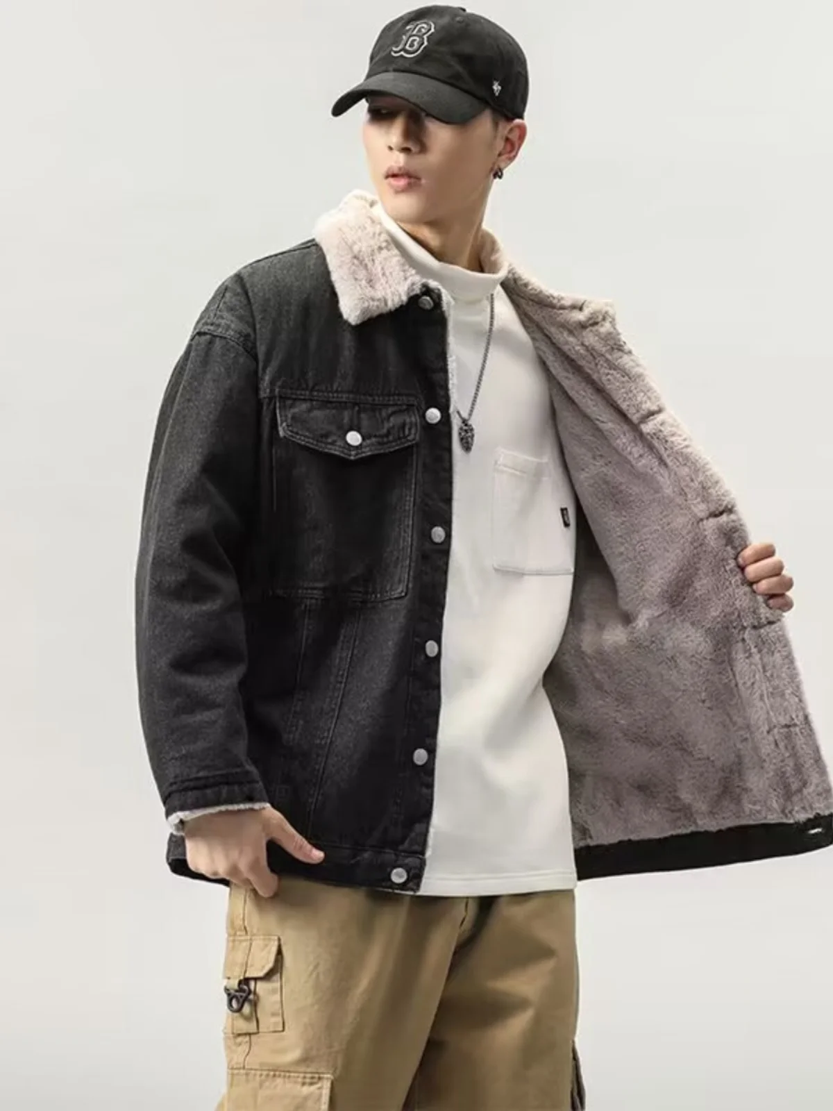 

Thiened Fce Denim Jaet Men's Autumn Winter Loose Lamb Fur Cotton Coat Youth Faion Long Sve Stand Fit Outerwear