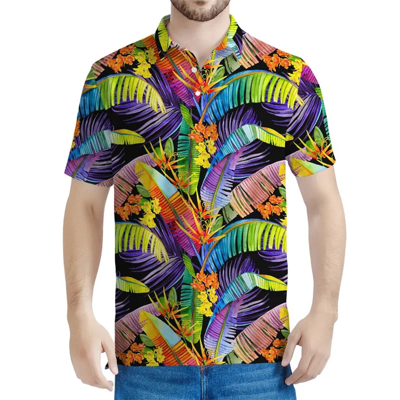 Blossom Tropical Leaves Pattern Polo Shirt Men 3D Printed Hawaiian T-shirt Summer Streetwear Short Sleeve Tops Lapel Tee Shirts