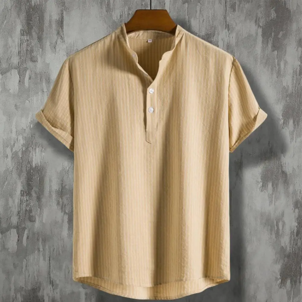 Men Summer Shirt Solid Color Stand Collar Men T-shirt Loose Buttons Short Sleeves Men T-shirt Simple Style Mid Length Men Top