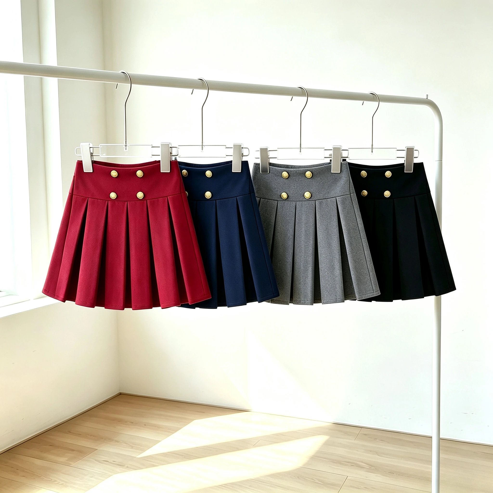 Girls Double Button Pleated Skirt Preppy Style High Waist Mini Skirt Kids Classic School Uniform Look Gold Buttons Autumn Winter