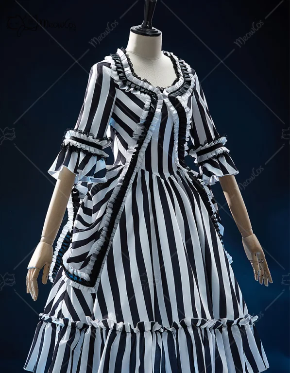 MEOWCOS المرأة القوطية فستان هالوين القبر الحبوب القوطي خمر أبيض وأسود مخطط فستان مكشكش زي الهالوين التأثيري #2