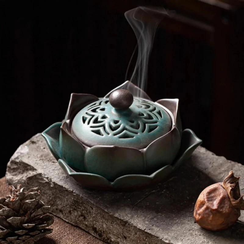 Ceramic Lotus Incense Burner Household Chinese Agarwood Aromatherapy Stove Living Room, Study, Lotus Flower Decoration Ornaments