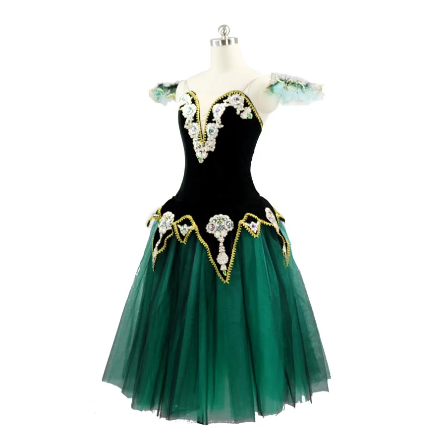 Vestido largo de tutú de Ballet romántico para niñas, traje de escenario de actuación profesional, color negro, verde y dorado