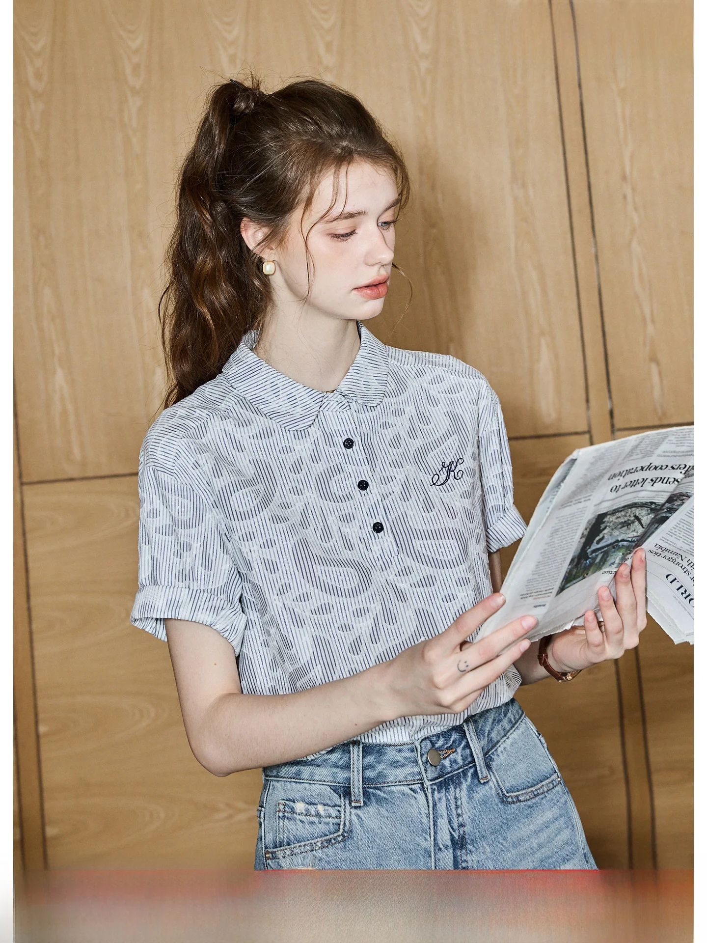 

KUHNMARVIN Sexy Short Sleeve Shirt Women's Fashionable Korean Style Breathable Polyester Cotton Blend Casual Commute Wear