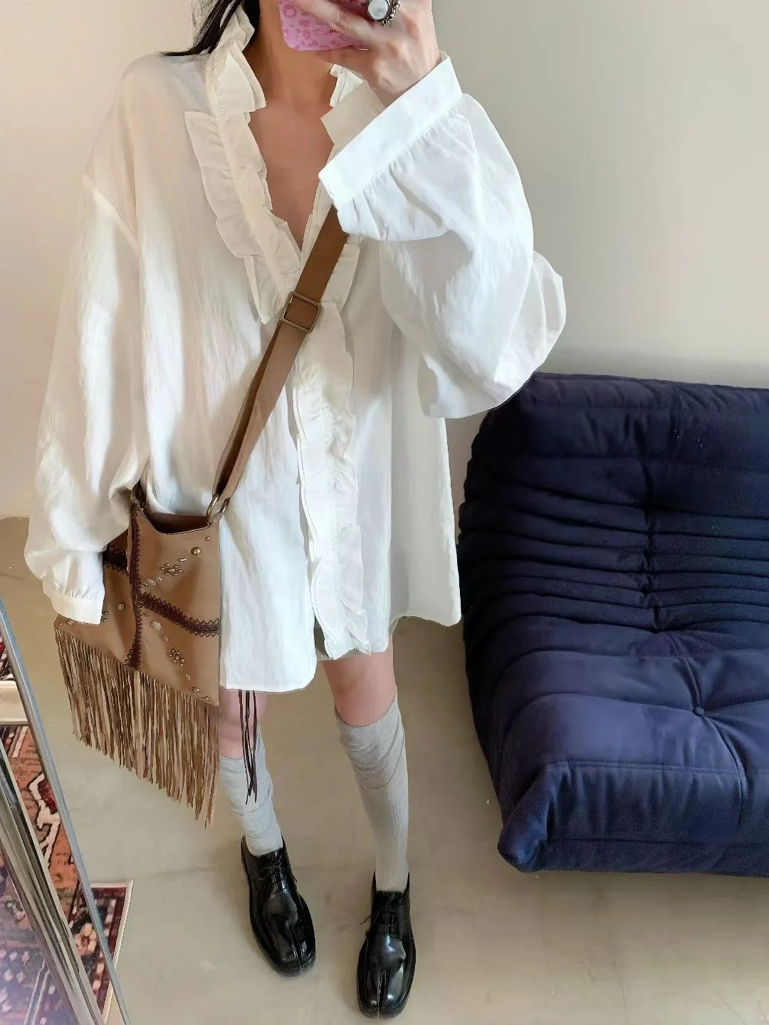 

CHICYAN New Sle Wooden irt Dr Loose Long Sve Women's Lace Trimed Slimming French Sle Faion Ladies irt