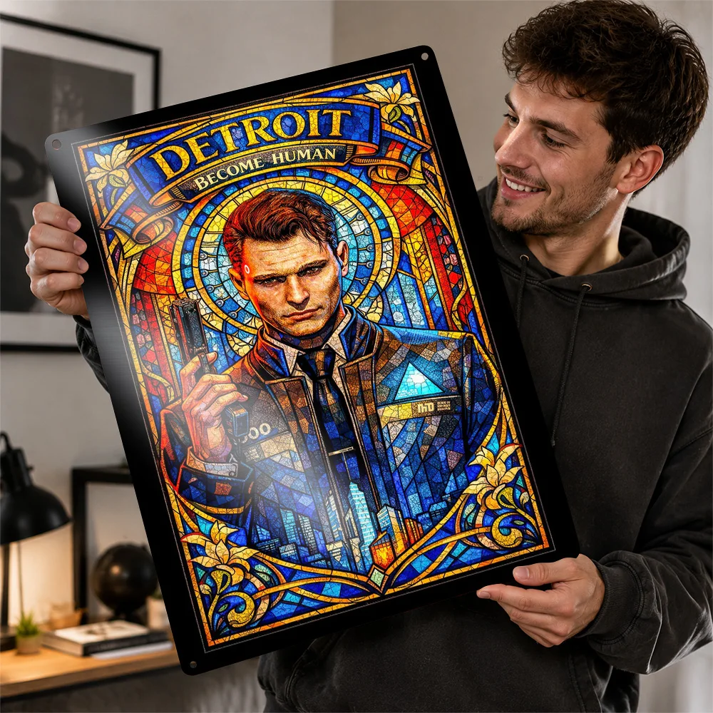 Detroit Become Human Stained Glass Aluminum Poster Customized Metal Sign Vivid Action Adventure Wall Art Made For Console Fans