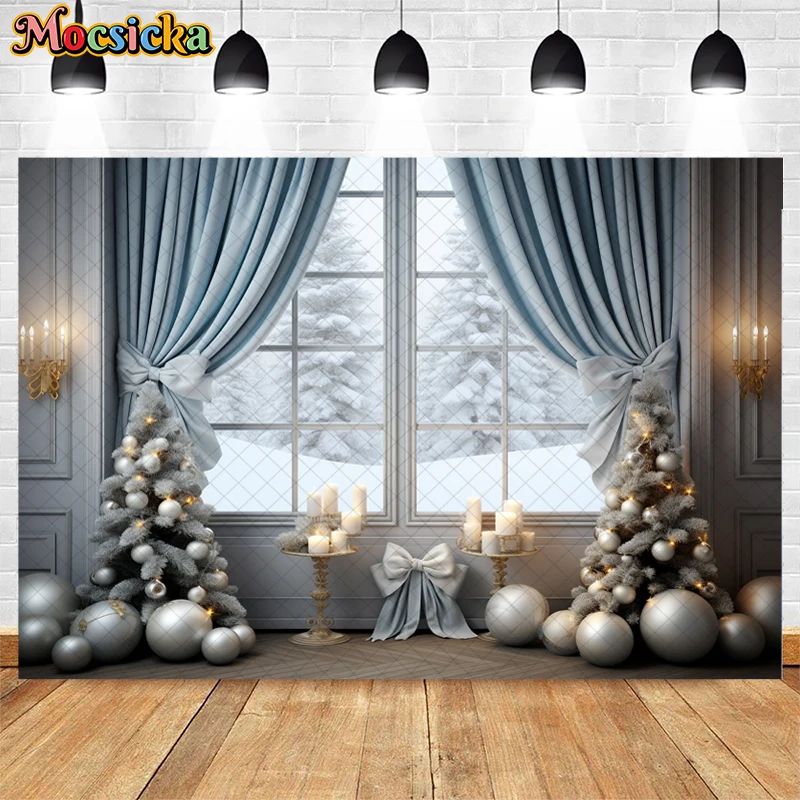 Mocsicka Winter Christmas Window Photography Backdrop Xmas Tree Gift Box Bow Decor Family Portrait Photo Background Banner