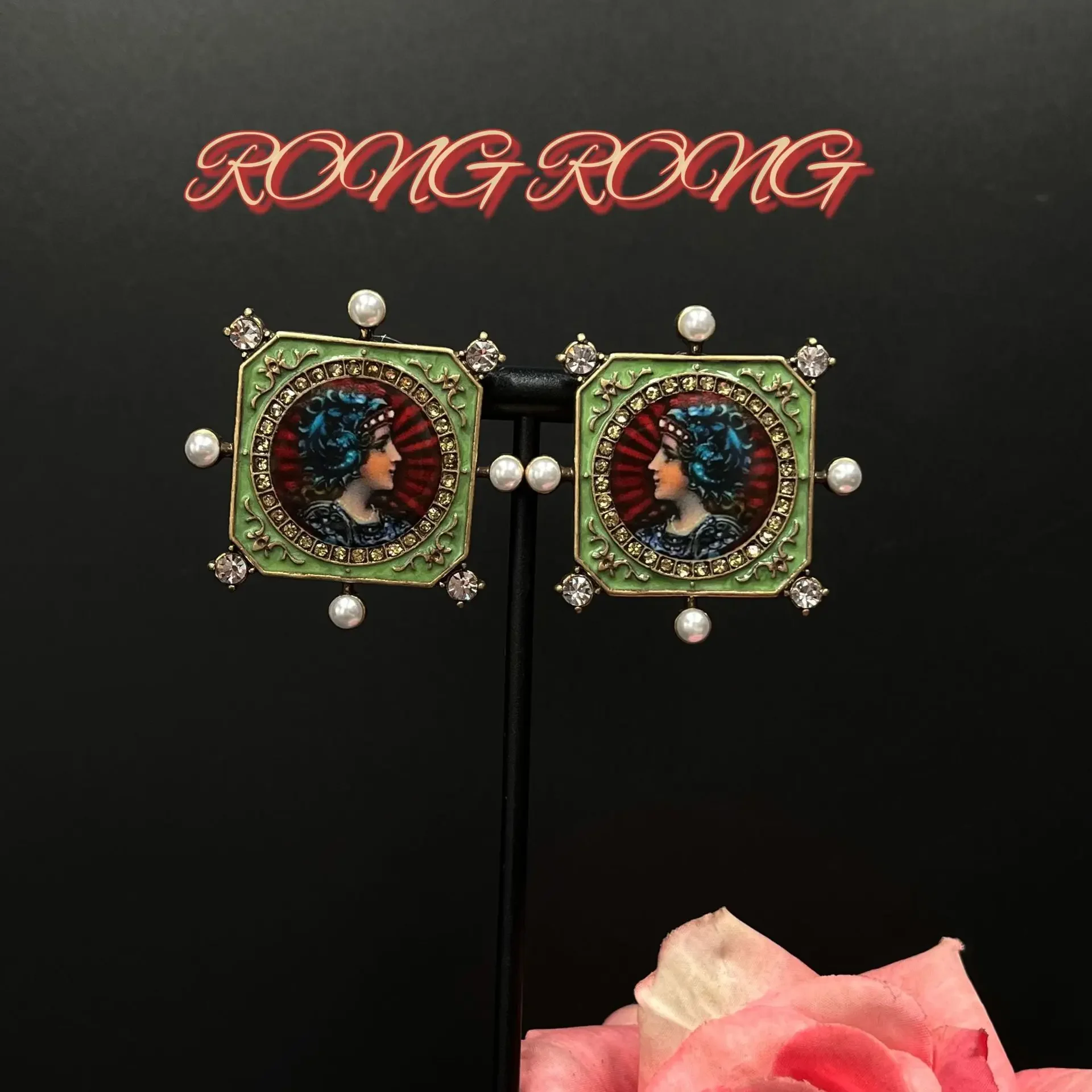 European and American Retro Geometric Square European Court Portrait Diamond Earrings Western Style Antique Medieval Earrings