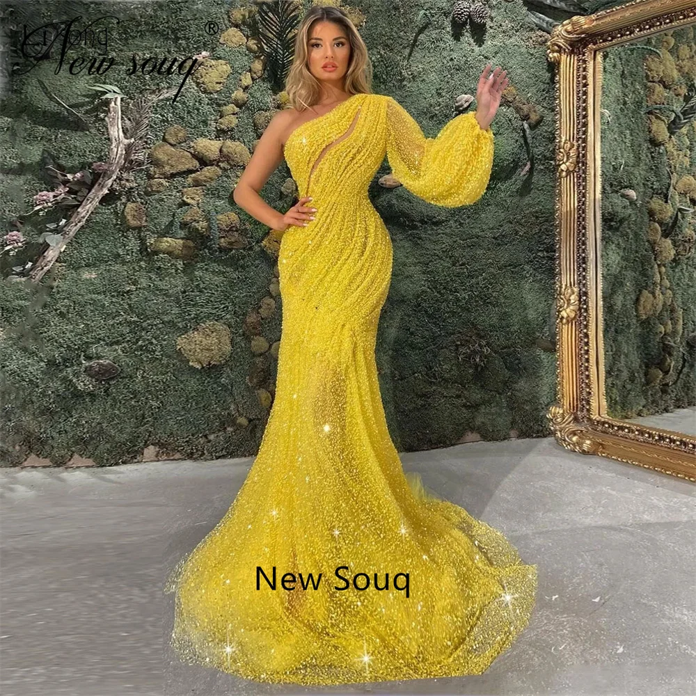 Luxury One Shoulder Evening Dresses With Long Sleeves Dubai Middle East Mermaid Sequins Celebrity Dress Women Wedding Party Gown