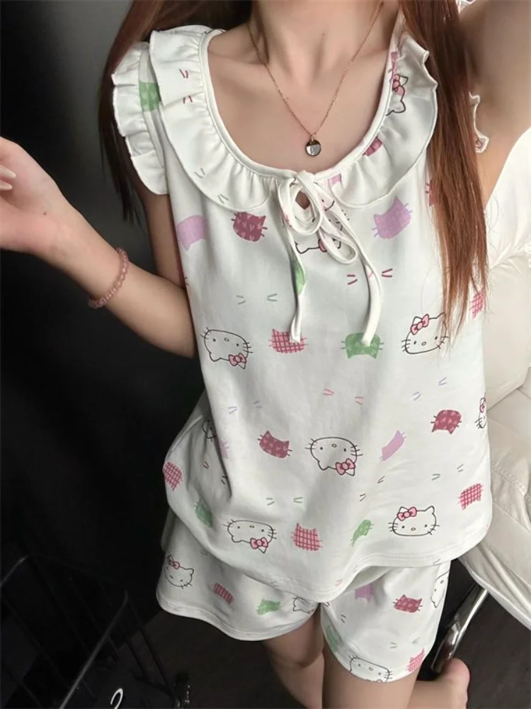 Sanrio Lady Pajama 2 Piece Hello Kitty Pyjama Halter Shorts Sleepwear Summer Pijama Kawaii Nightwear Home Clothes Birthday Gift