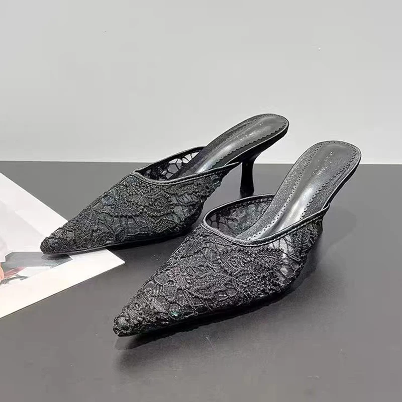 Pointed Toe Slippers Women Mesh Mules Shoes High Heels Sandals Elegant Slingback Dress Shoes Sexy Pumps Fashion Mujer Sandalias