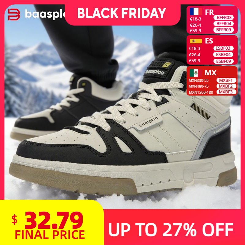  Baasploa Men Winter Sneakers Casual Skateboard Shoes for Men Comfort Plush Warm Cotton Shoes Non-Slip Outdoor Male Sneakers 