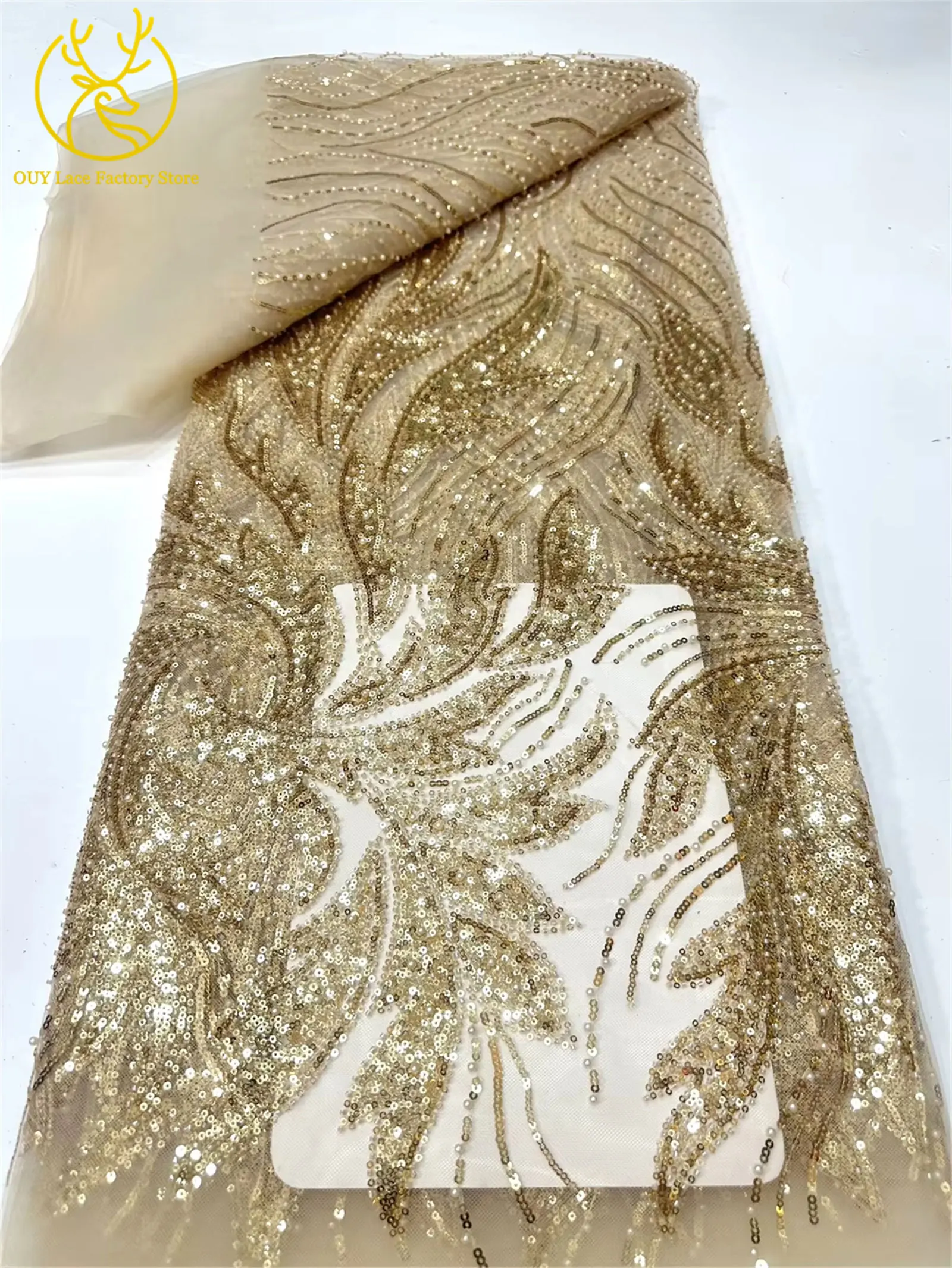 Luxuriöser Afrikanischer Bräutigam Perlenverzierter Tüll-Spitzenstoff Goldene Französische Pailletten-Spitze 5 Meter Nigerianischer Stoff für Brautkleider – Detail 10