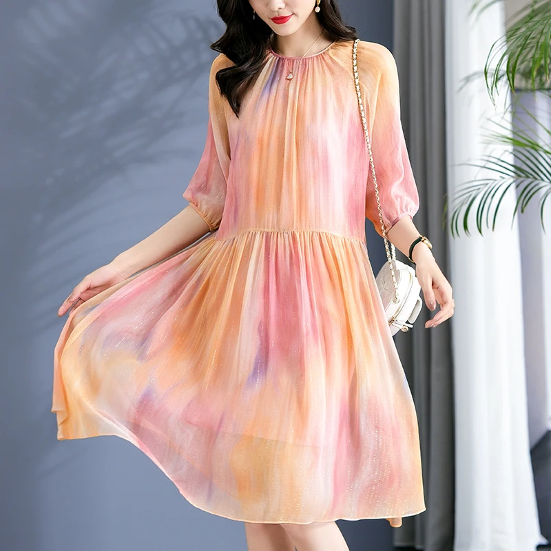 

New Elegant Dresses for Women Summer Real Silk Women's Long Midi Dress Loose Rainbow Print Woman Two Pieces Dress A-line
